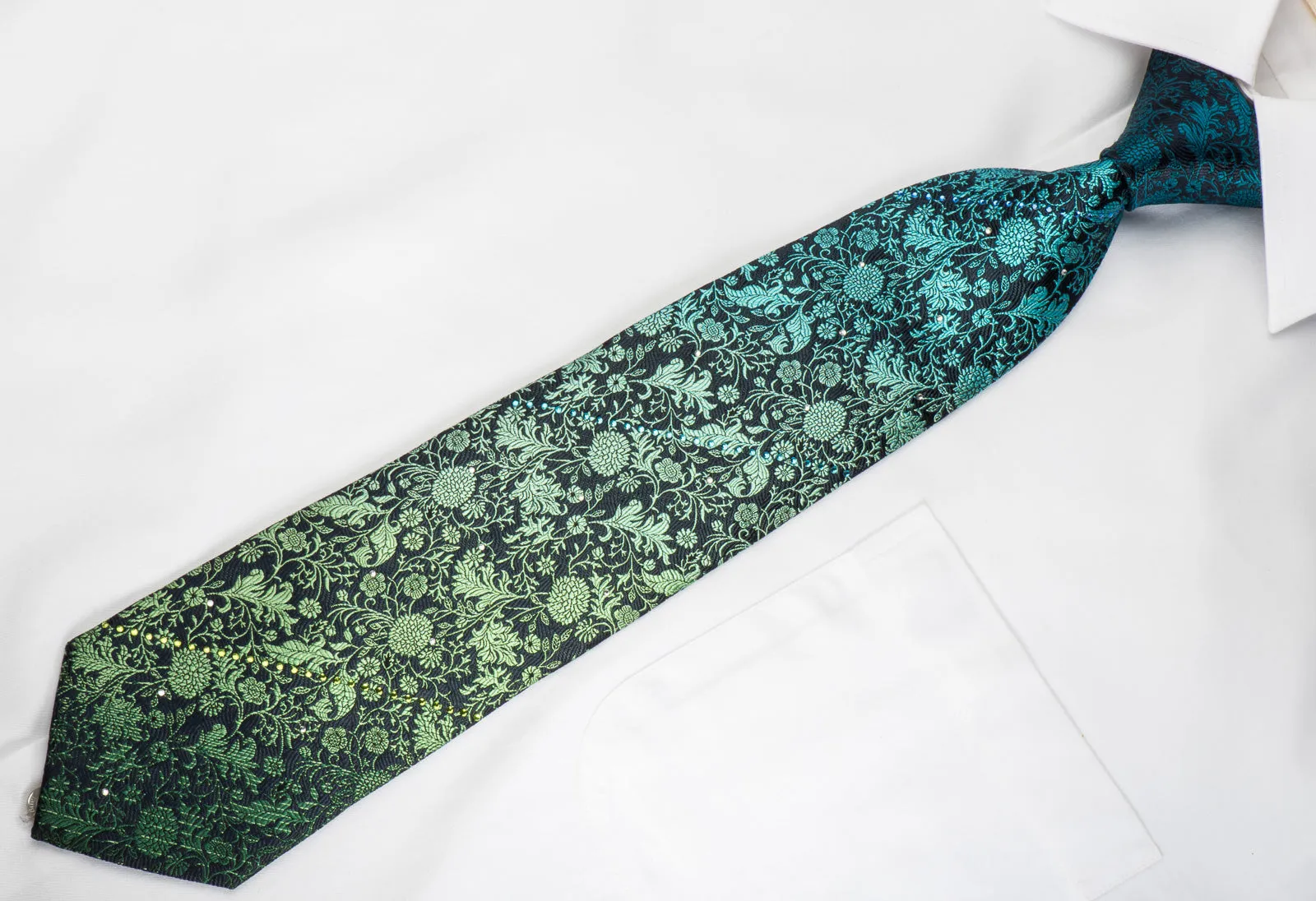 Pierre Cardin Silk Tie Turquoise Green Floral On Navy With Rhinestones