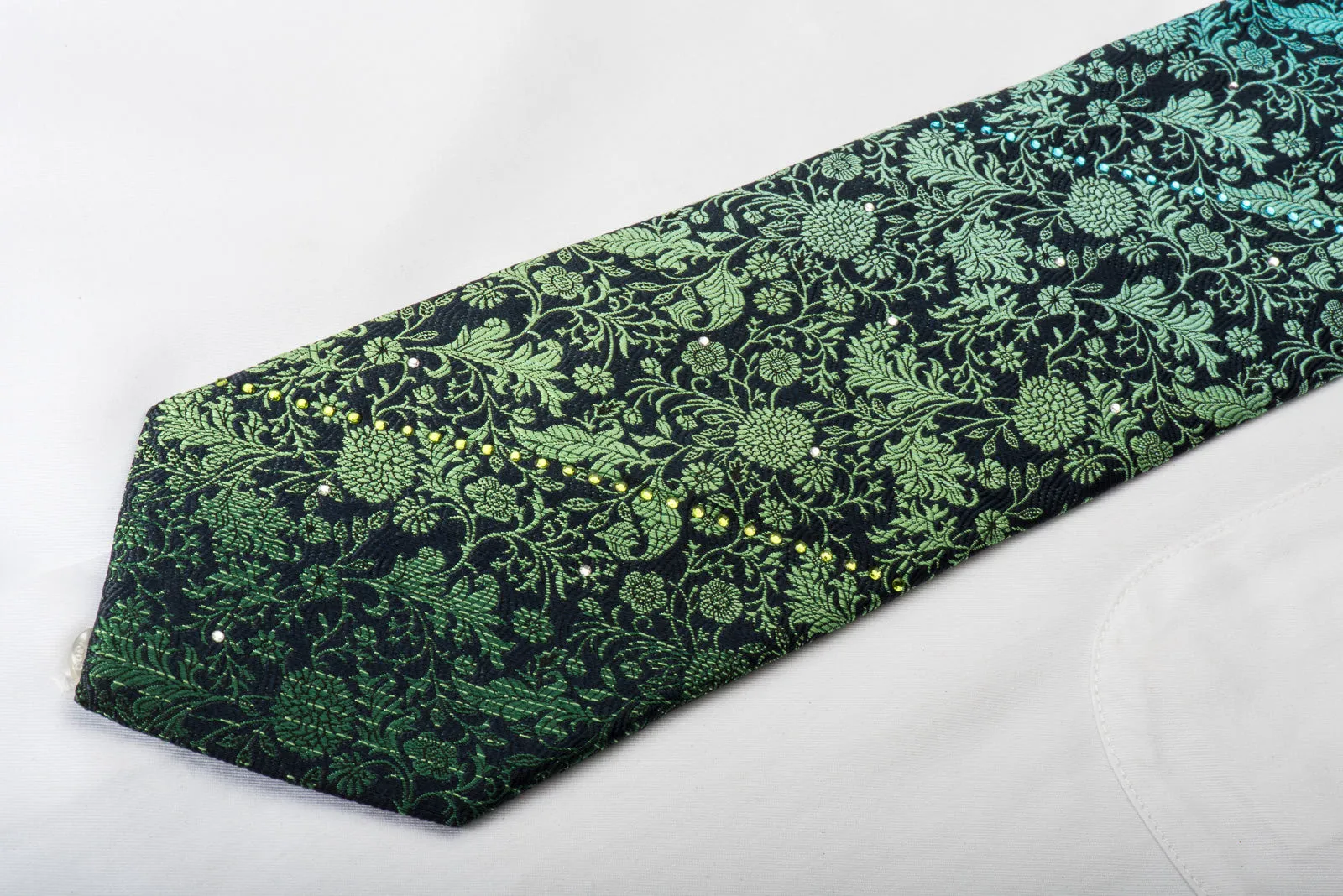 Pierre Cardin Silk Tie Turquoise Green Floral On Navy With Rhinestones