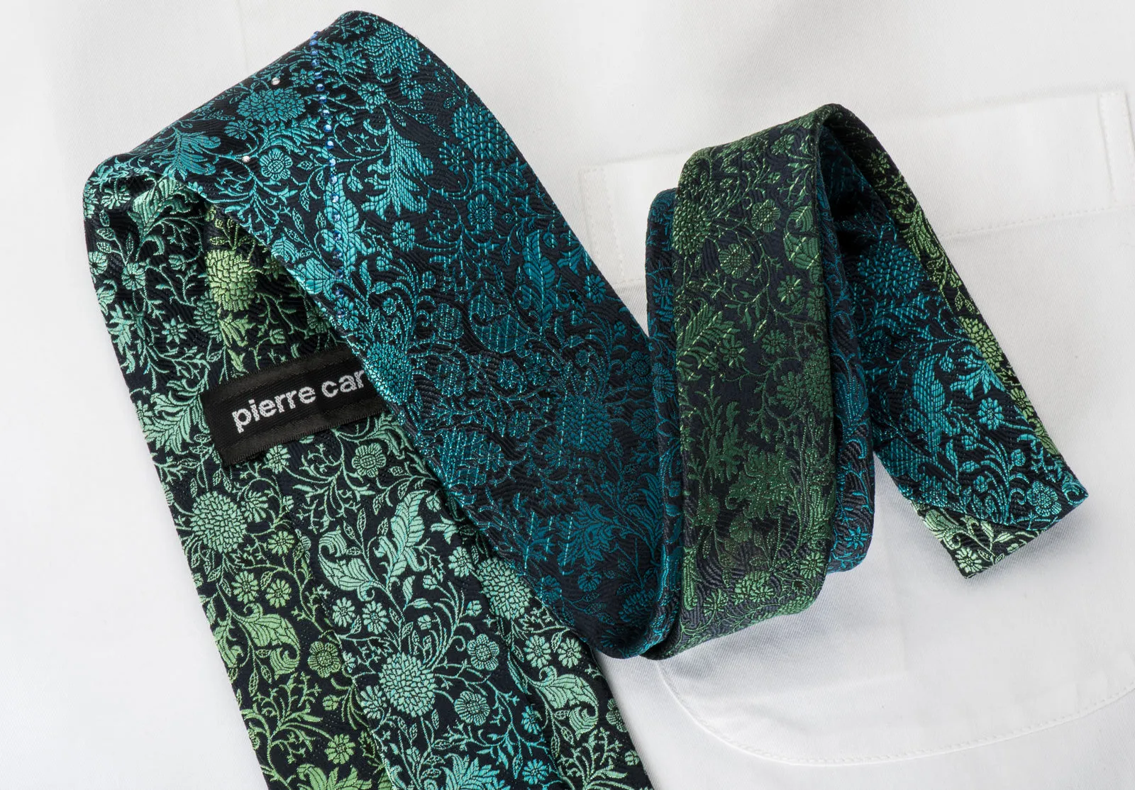 Pierre Cardin Silk Tie Turquoise Green Floral On Navy With Rhinestones