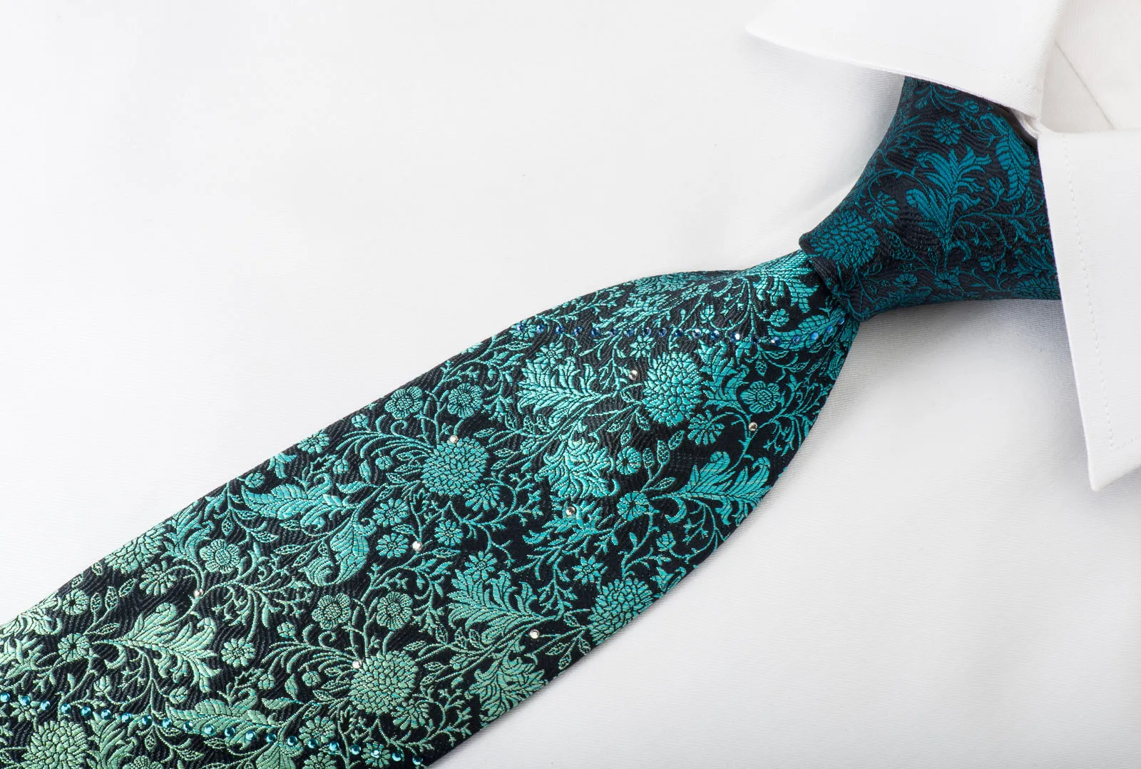 Pierre Cardin Silk Tie Turquoise Green Floral On Navy With Rhinestones