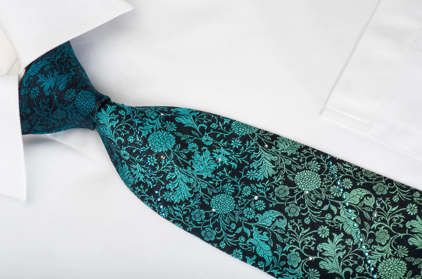 Pierre Cardin Silk Tie Turquoise Green Floral On Navy With Rhinestones