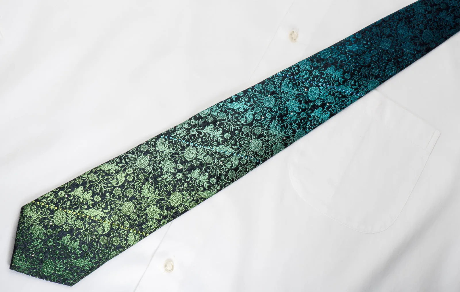 Pierre Cardin Silk Tie Turquoise Green Floral On Navy With Rhinestones