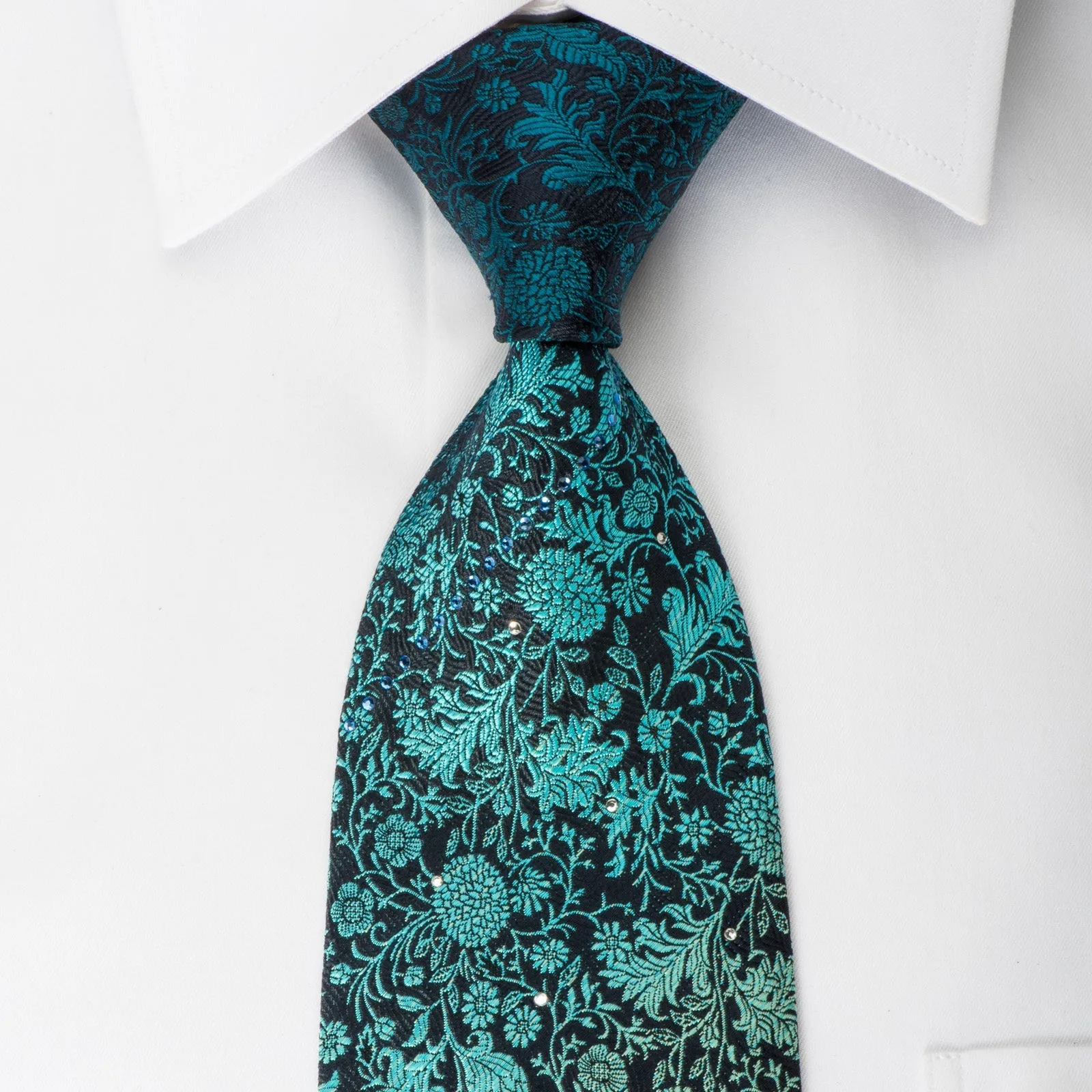 Pierre Cardin Silk Tie Turquoise Green Floral On Navy With Rhinestones