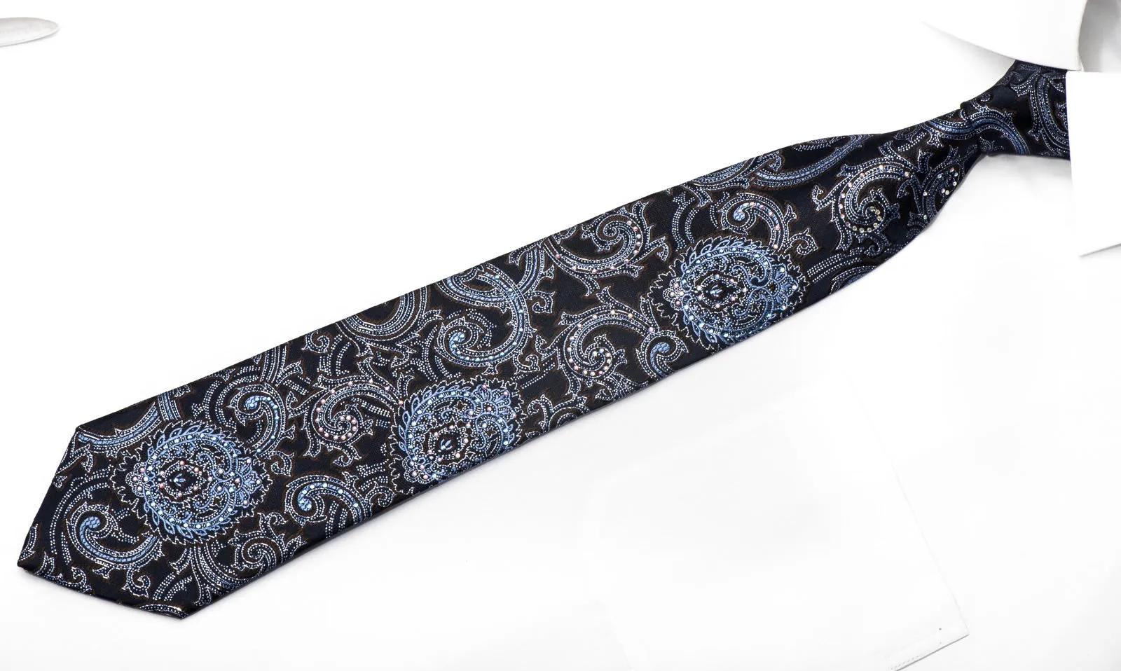 Premierlux Men's Silk Necktie Acanthus On Navy Sparkling With Rhinestones