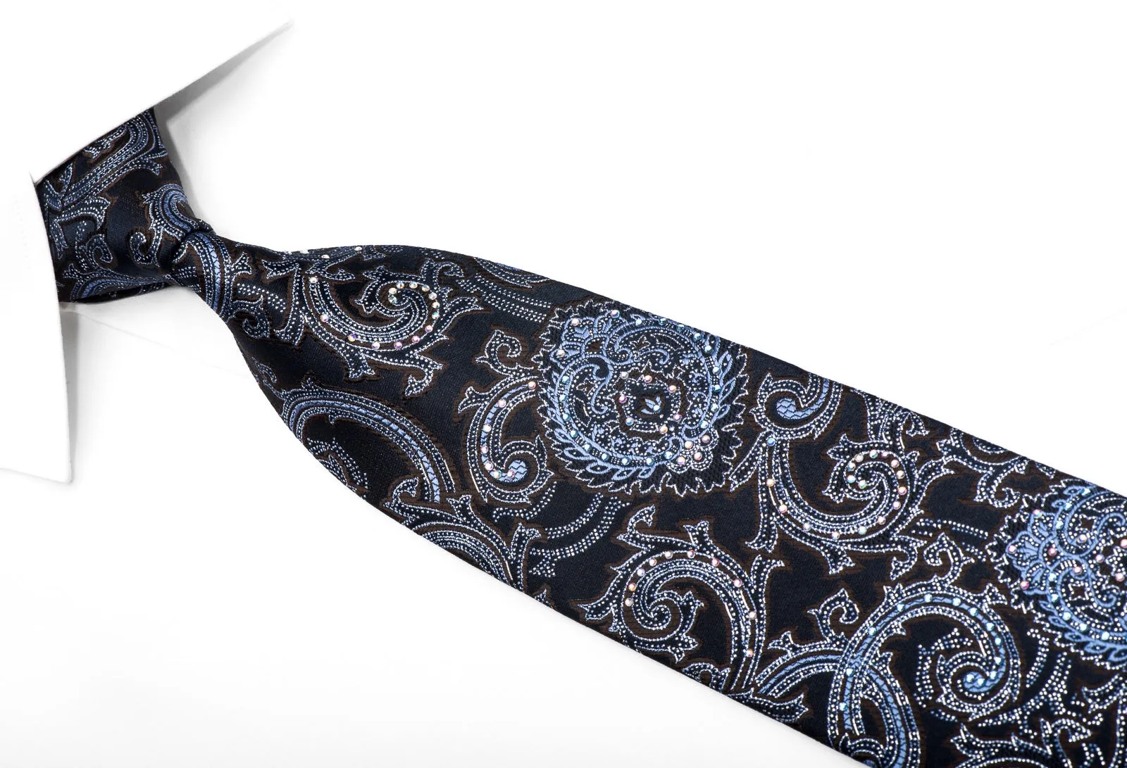 Premierlux Men's Silk Necktie Acanthus On Navy Sparkling With Rhinestones