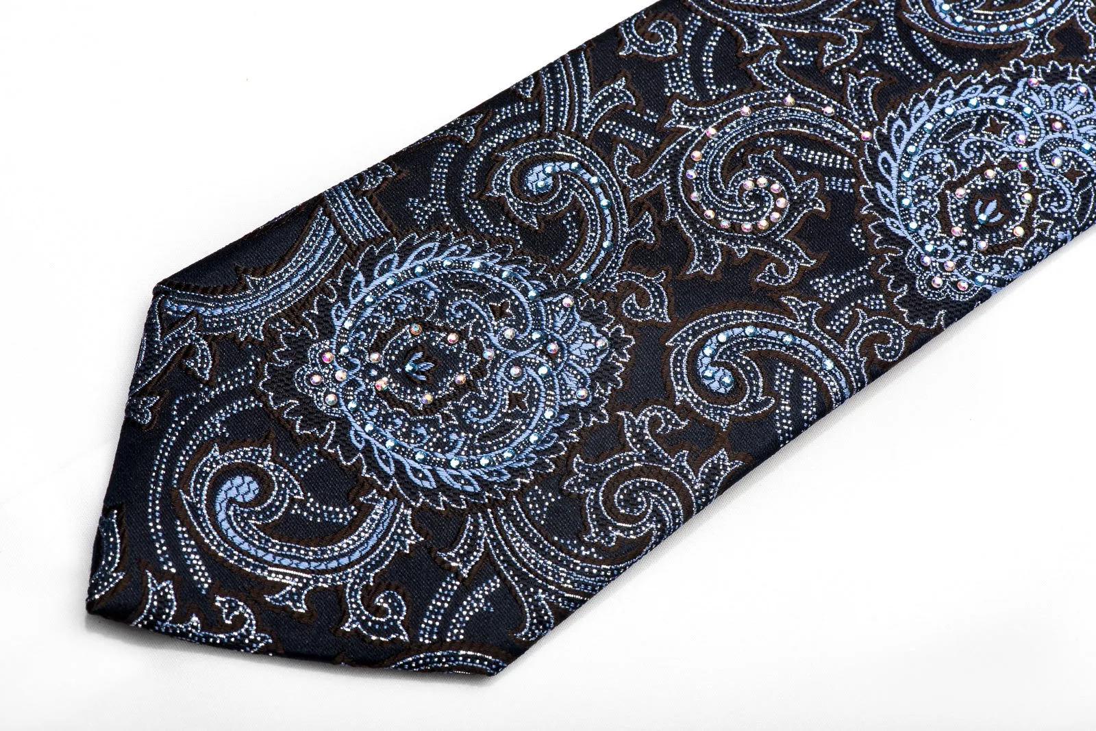 Premierlux Men's Silk Necktie Acanthus On Navy Sparkling With Rhinestones