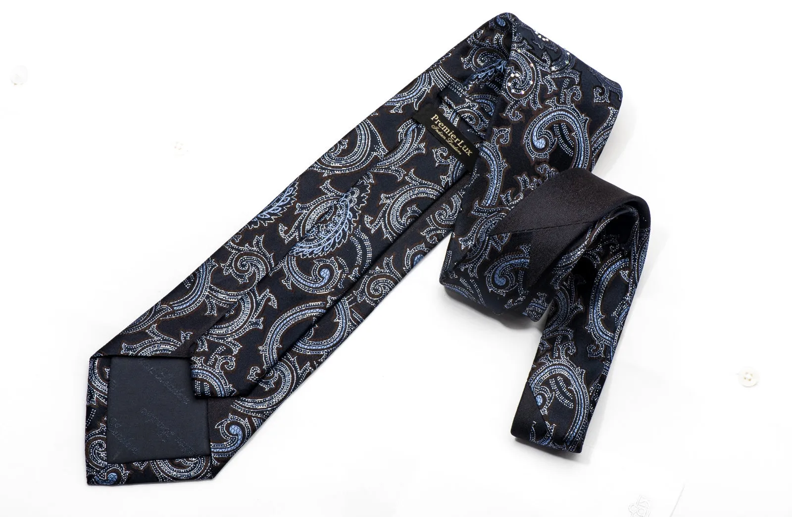 Premierlux Men's Silk Necktie Acanthus On Navy Sparkling With Rhinestones