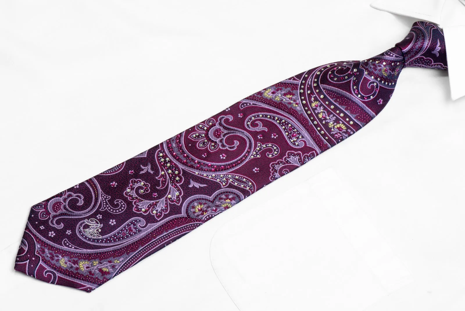 Purple Anthemion Paisley On Navy Rhinestone Silk Necktie