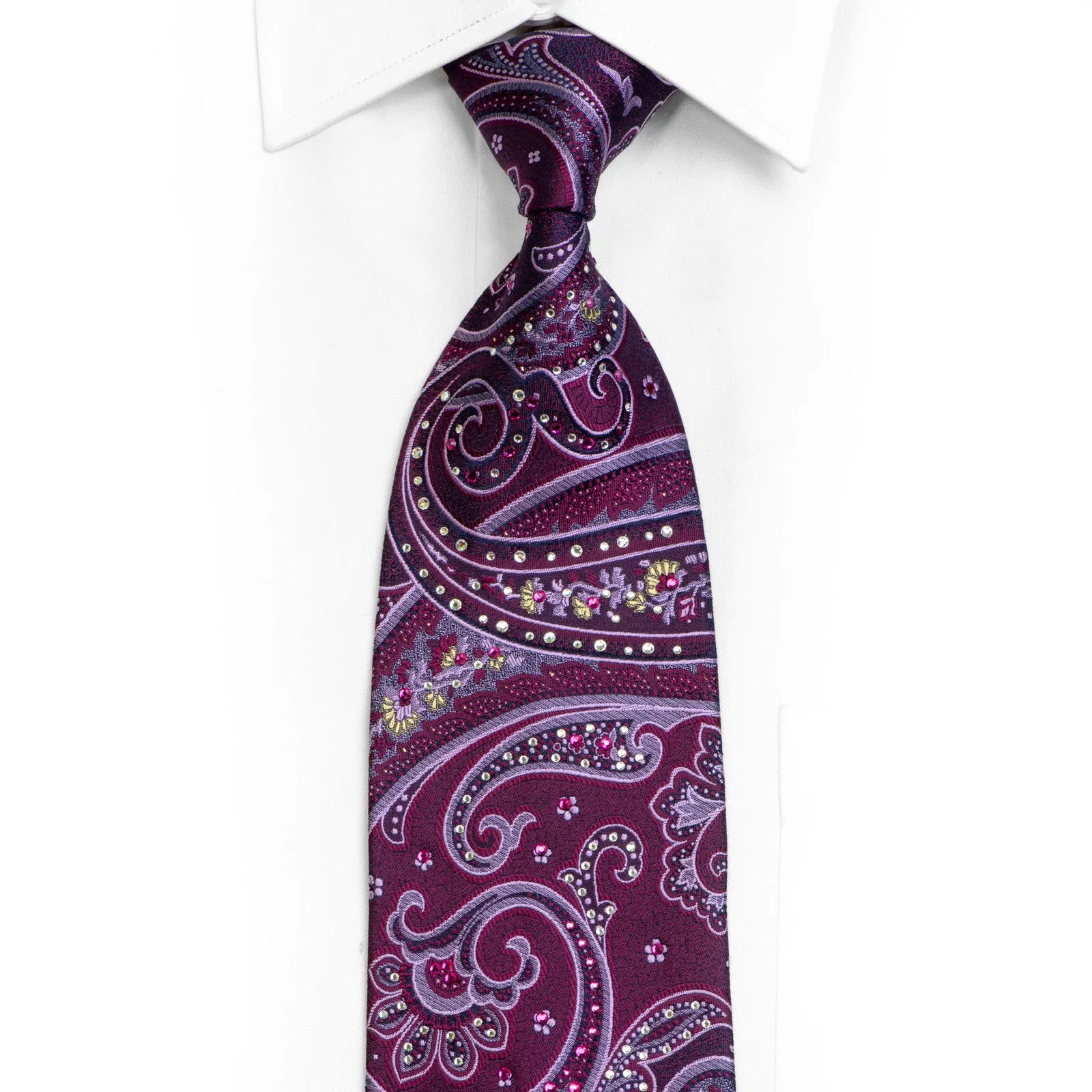 Purple Anthemion Paisley On Navy Rhinestone Silk Necktie