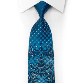 Remizio Men's Rhinestone Silk Necktie Damask On Blue With Sparkles