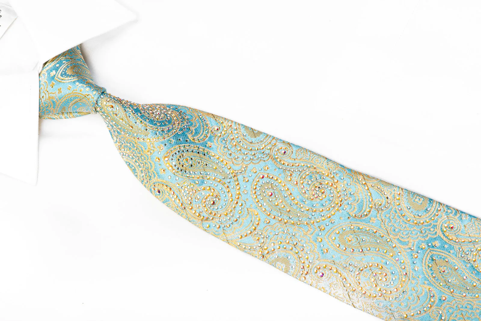 Renoma Crystal Rhinestone Silk Necktie Gold Paisley On Pale Blue With Sparkles