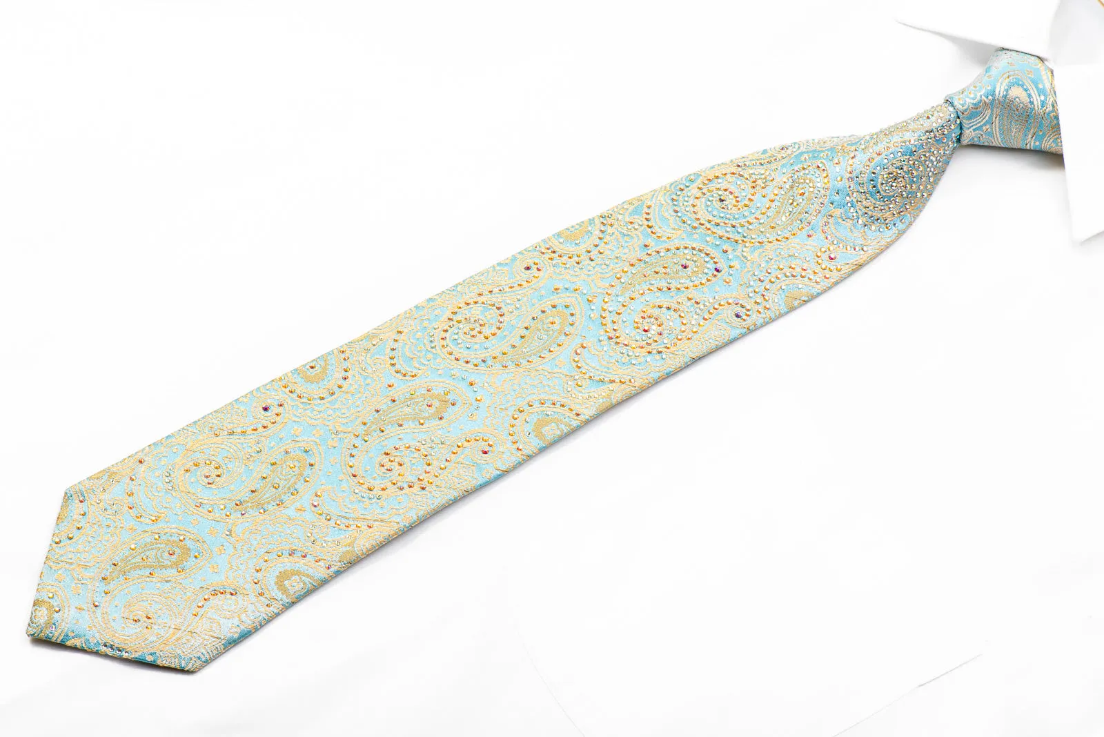 Renoma Crystal Rhinestone Silk Necktie Gold Paisley On Pale Blue With Sparkles