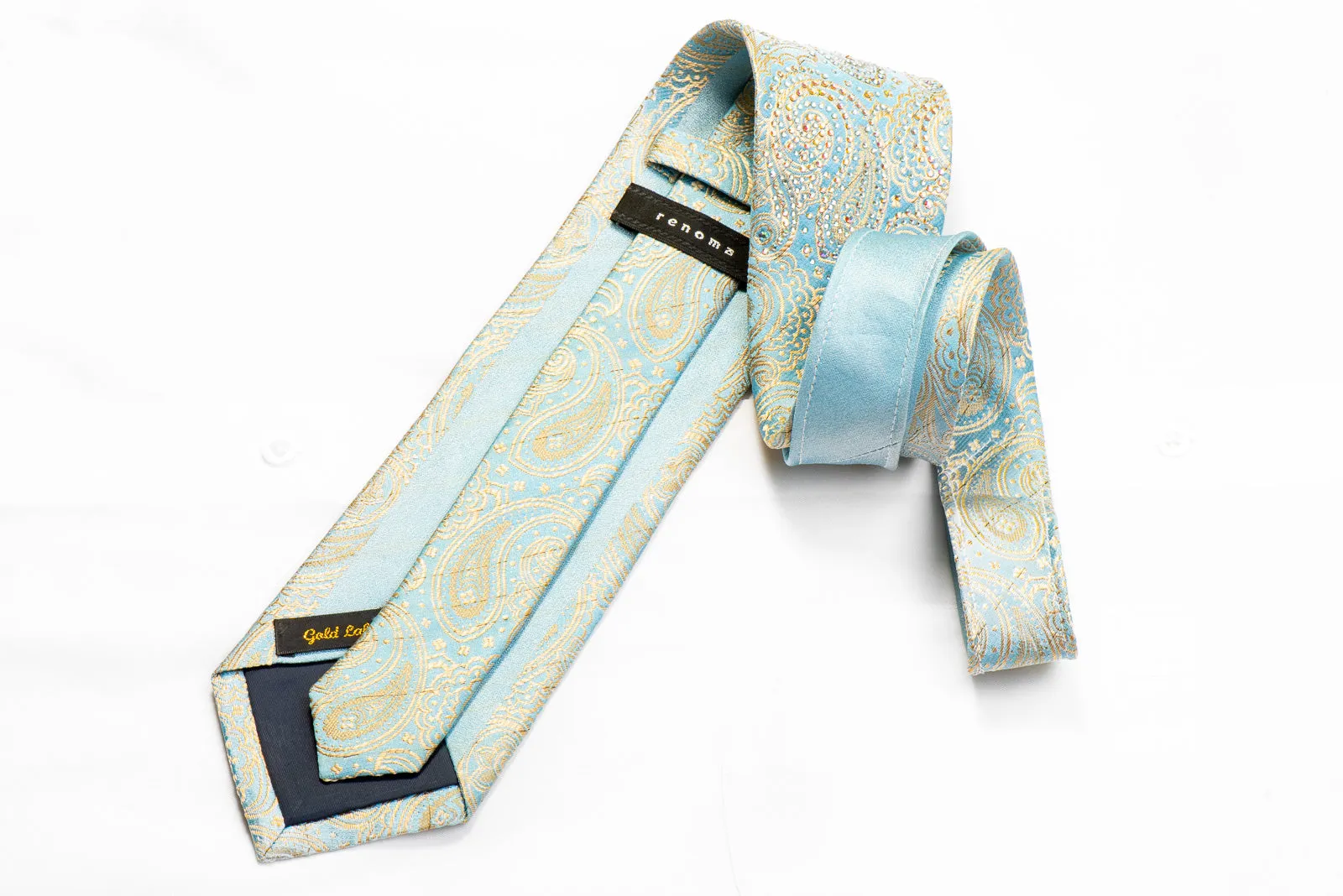 Renoma Crystal Rhinestone Silk Necktie Gold Paisley On Pale Blue With Sparkles