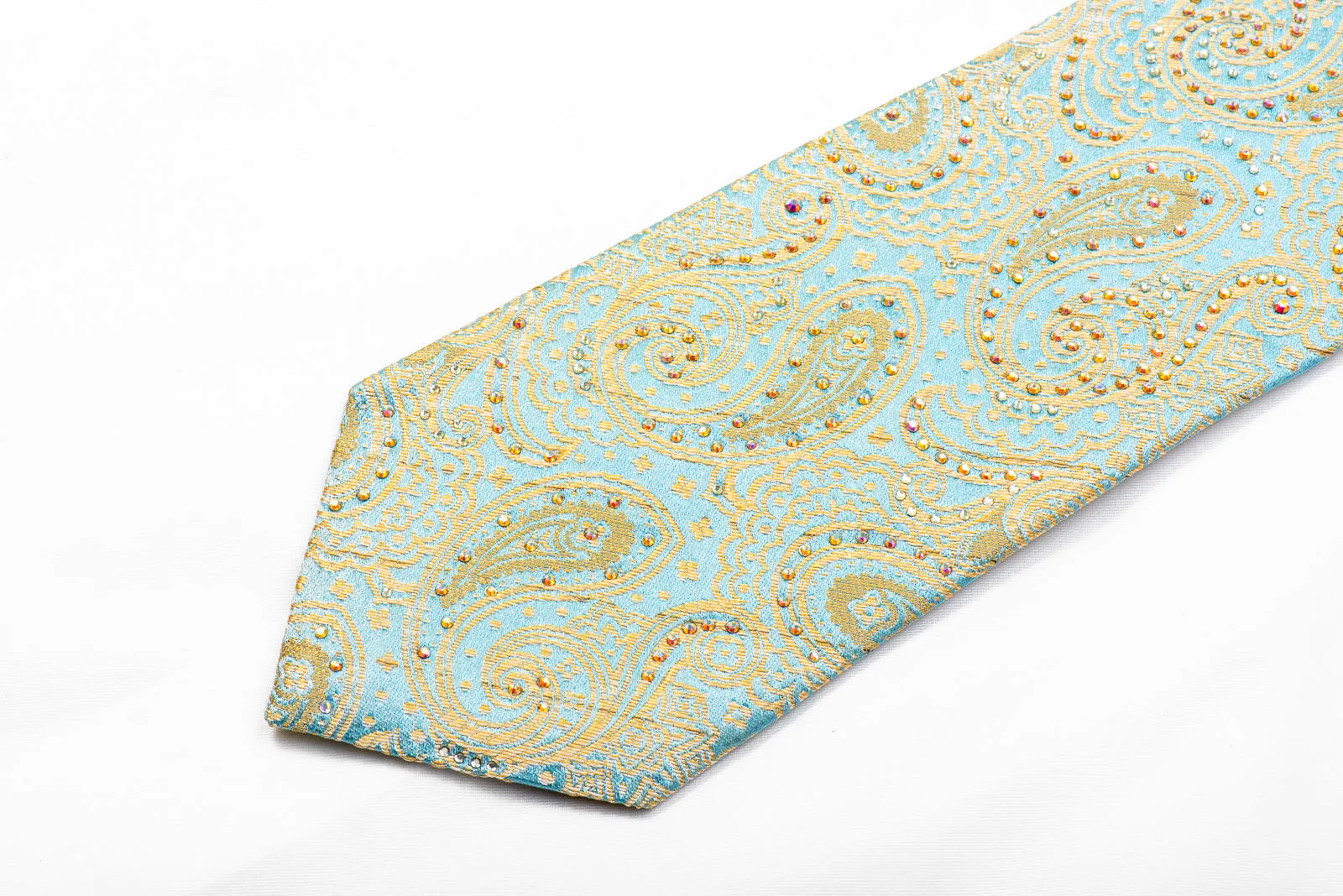 Renoma Crystal Rhinestone Silk Necktie Gold Paisley On Pale Blue With Sparkles