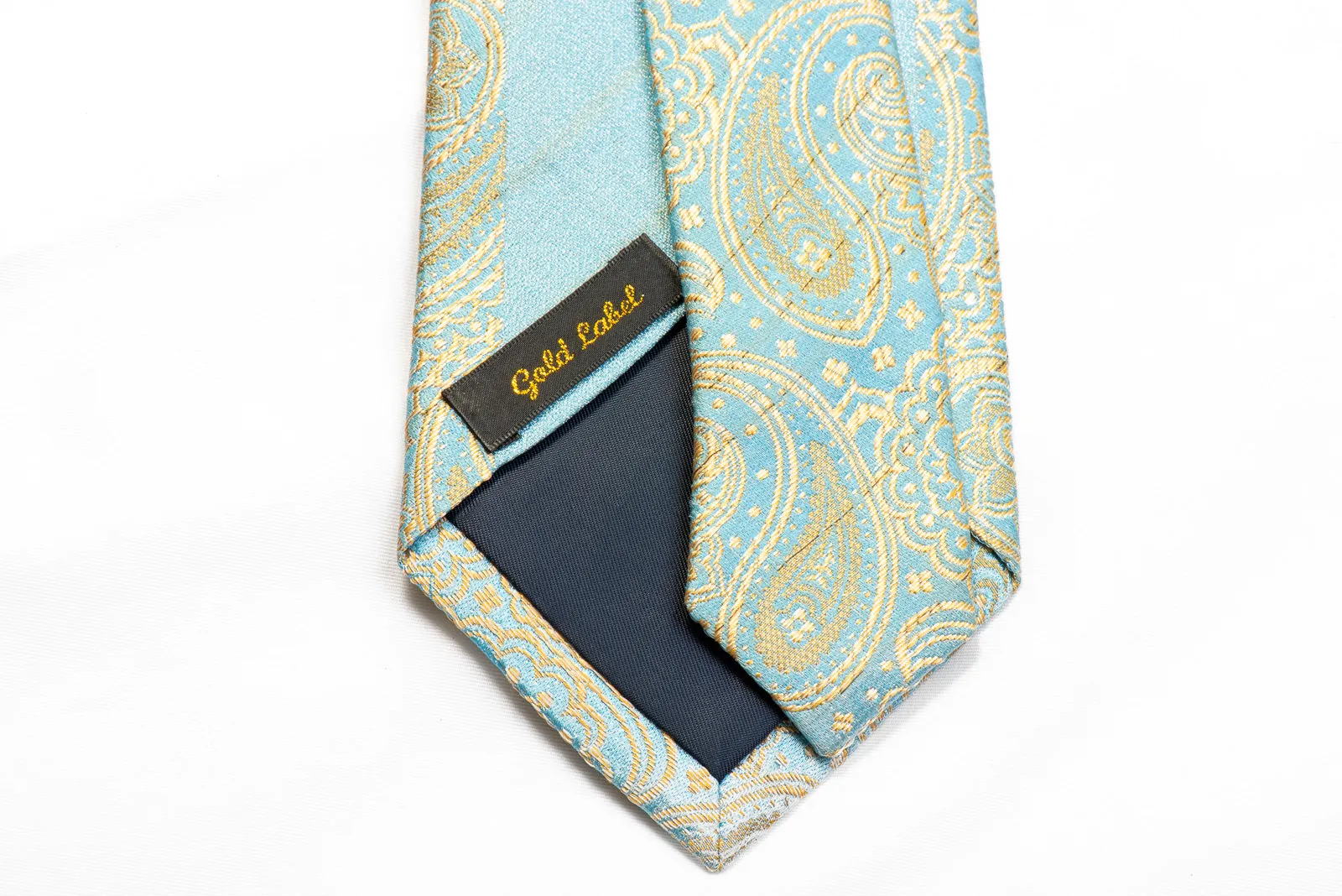 Renoma Crystal Rhinestone Silk Necktie Gold Paisley On Pale Blue With Sparkles