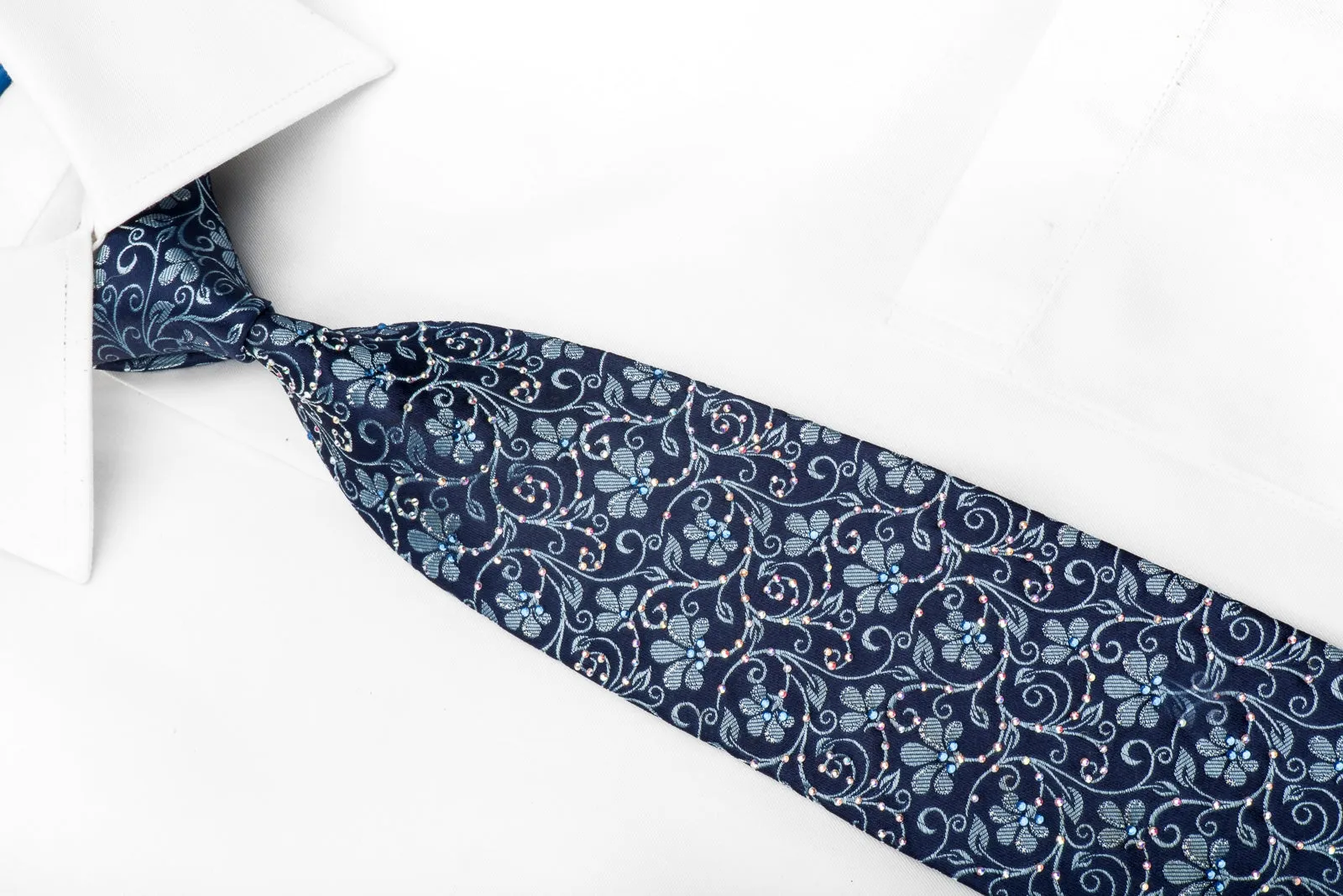 Renoma Men's Crystal Necktie Floral On Blue Silk With Silver Sparkles