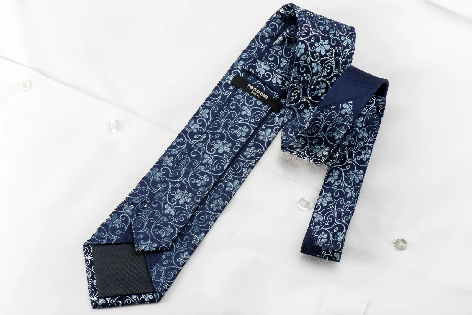 Renoma Men's Crystal Necktie Floral On Blue Silk With Silver Sparkles