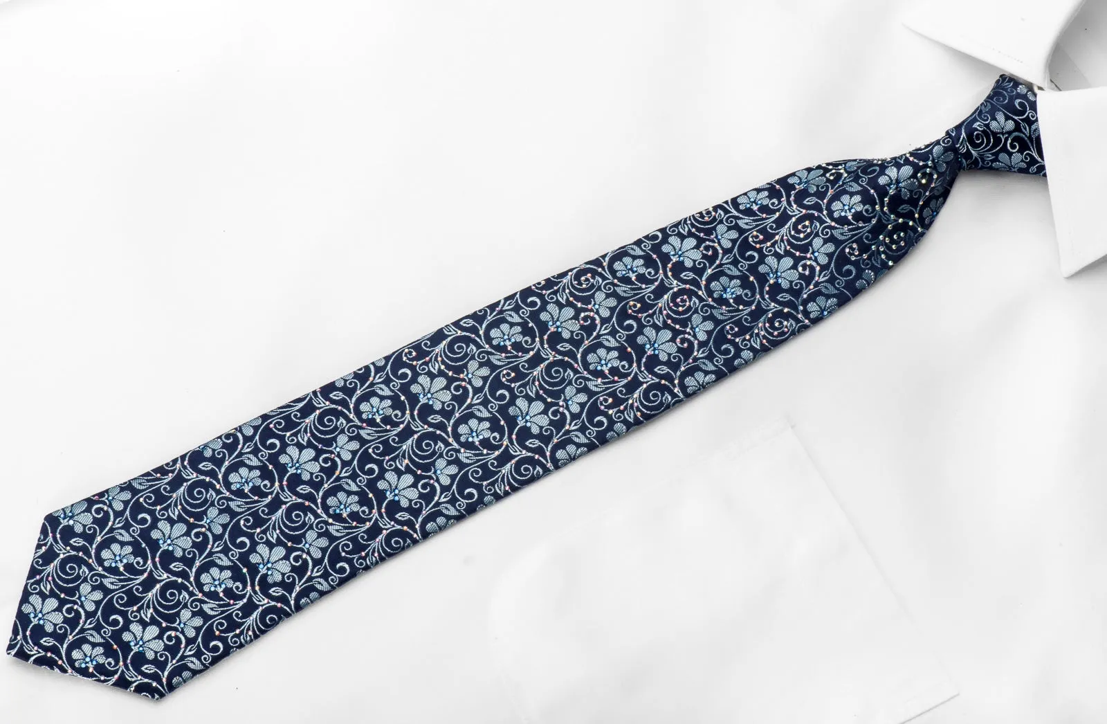 Renoma Men's Crystal Necktie Floral On Blue Silk With Silver Sparkles