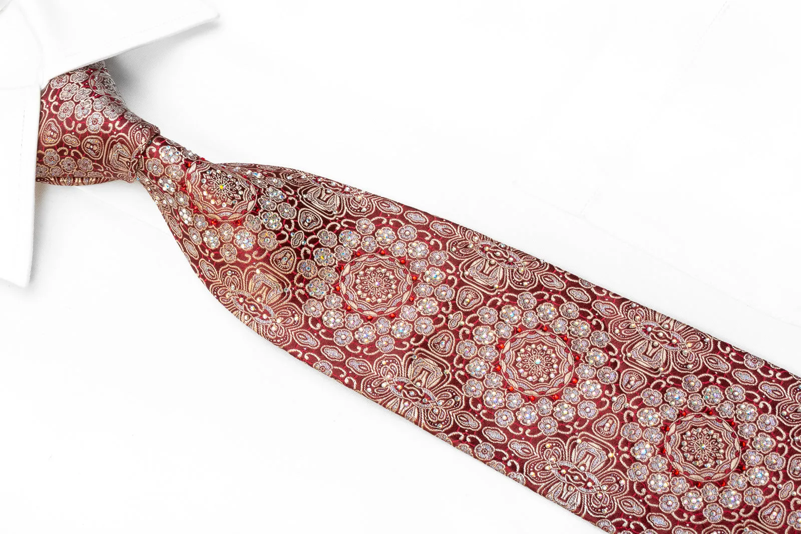 Renoma Men's Crystal Rhinestone Necktie Silver Arabesque On Burgundy With Silver Sparkles