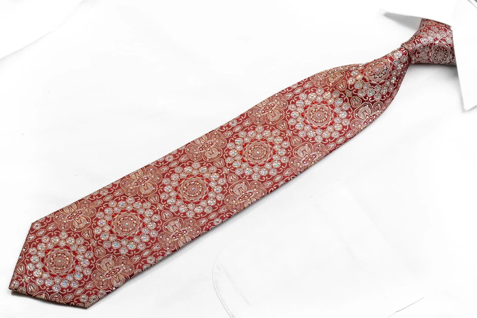 Renoma Men's Crystal Rhinestone Necktie Silver Arabesque On Burgundy With Silver Sparkles