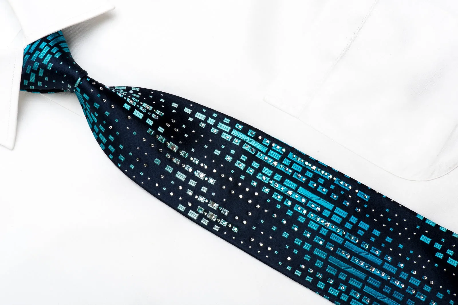 Renoma Mens Crystal Silk Tie Blue Geometric On Navy With Silver Sparkles