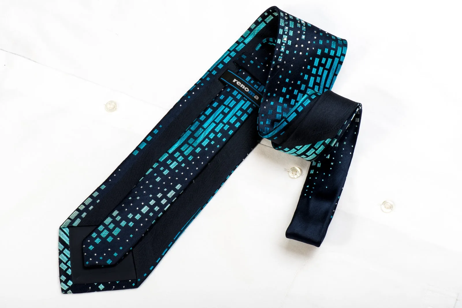 Renoma Mens Crystal Silk Tie Blue Geometric On Navy With Silver Sparkles