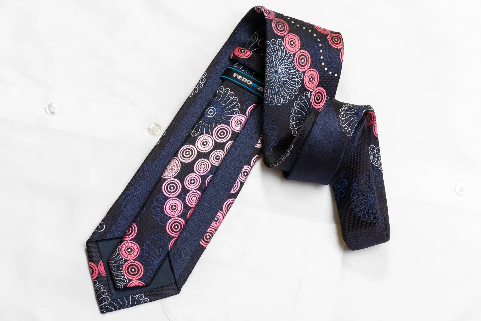 Renoma Men's Rhinestone Necktie Purple Geometric On Navy With Silver Sparkles