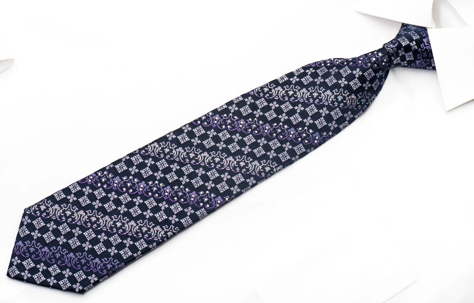 Renoma Men's Silk Necktie Purple Cartouche On Navy Sparkling With Rhinestones