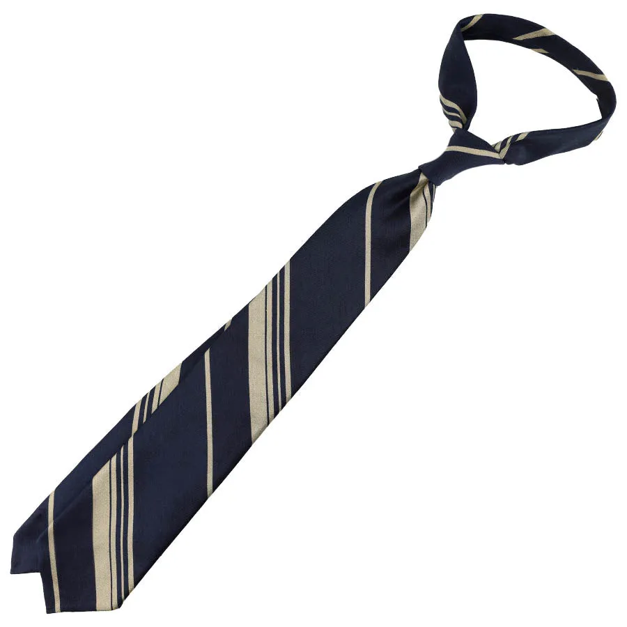 Repp Stripe Silk / Cotton Tie - Navy / Beige - Hand-Rolled