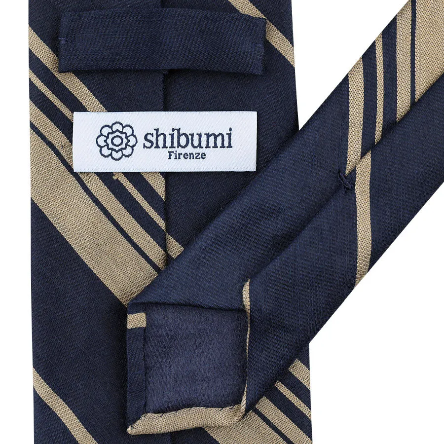 Repp Stripe Silk / Cotton Tie - Navy / Beige - Hand-Rolled