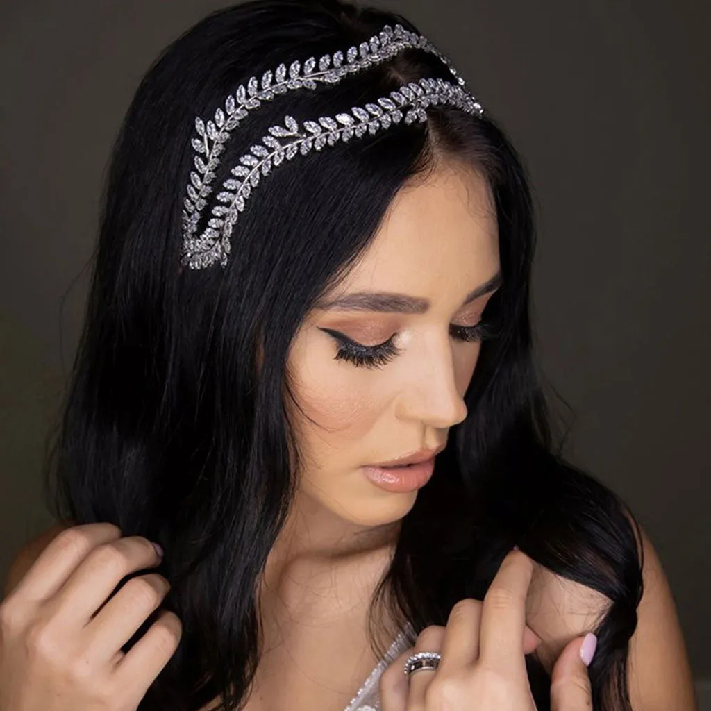 Vintage Rhinestone Leaf Motif Embellished Layered Headband - Silver