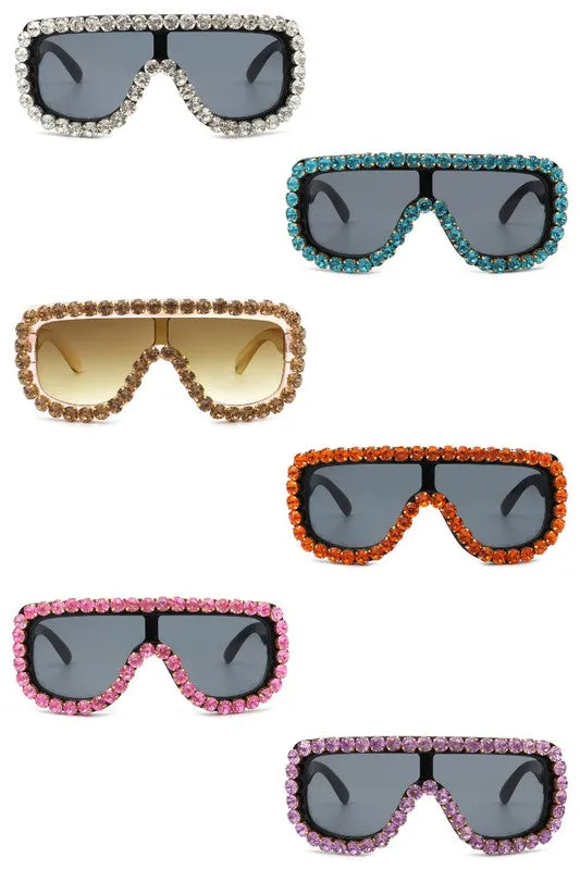 Women Oversize Rhinestone Aviator Sunglasse