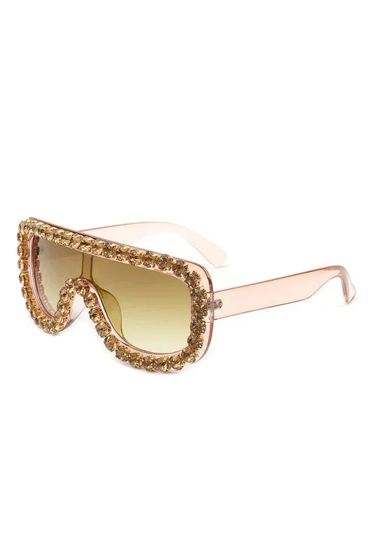 Women Oversize Rhinestone Aviator Sunglasse