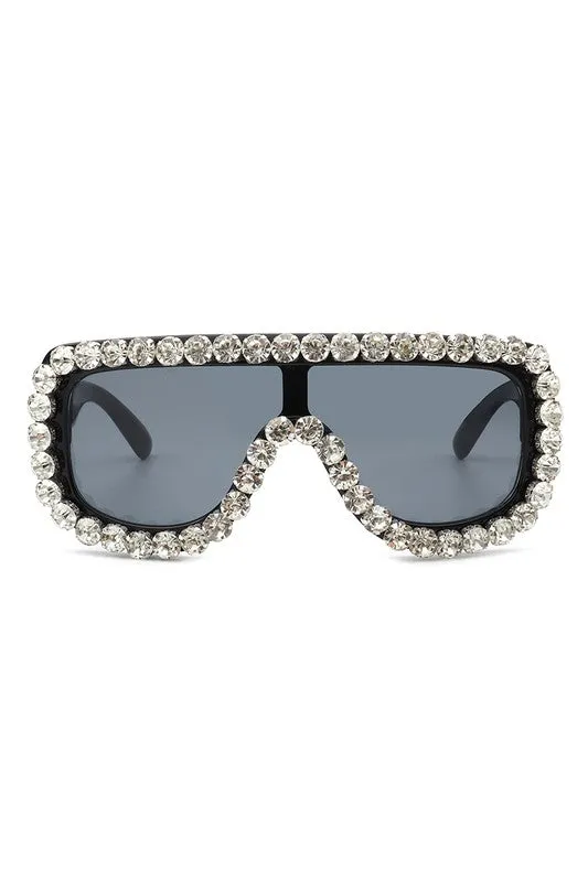 Women Oversize Rhinestone Aviator Sunglasse