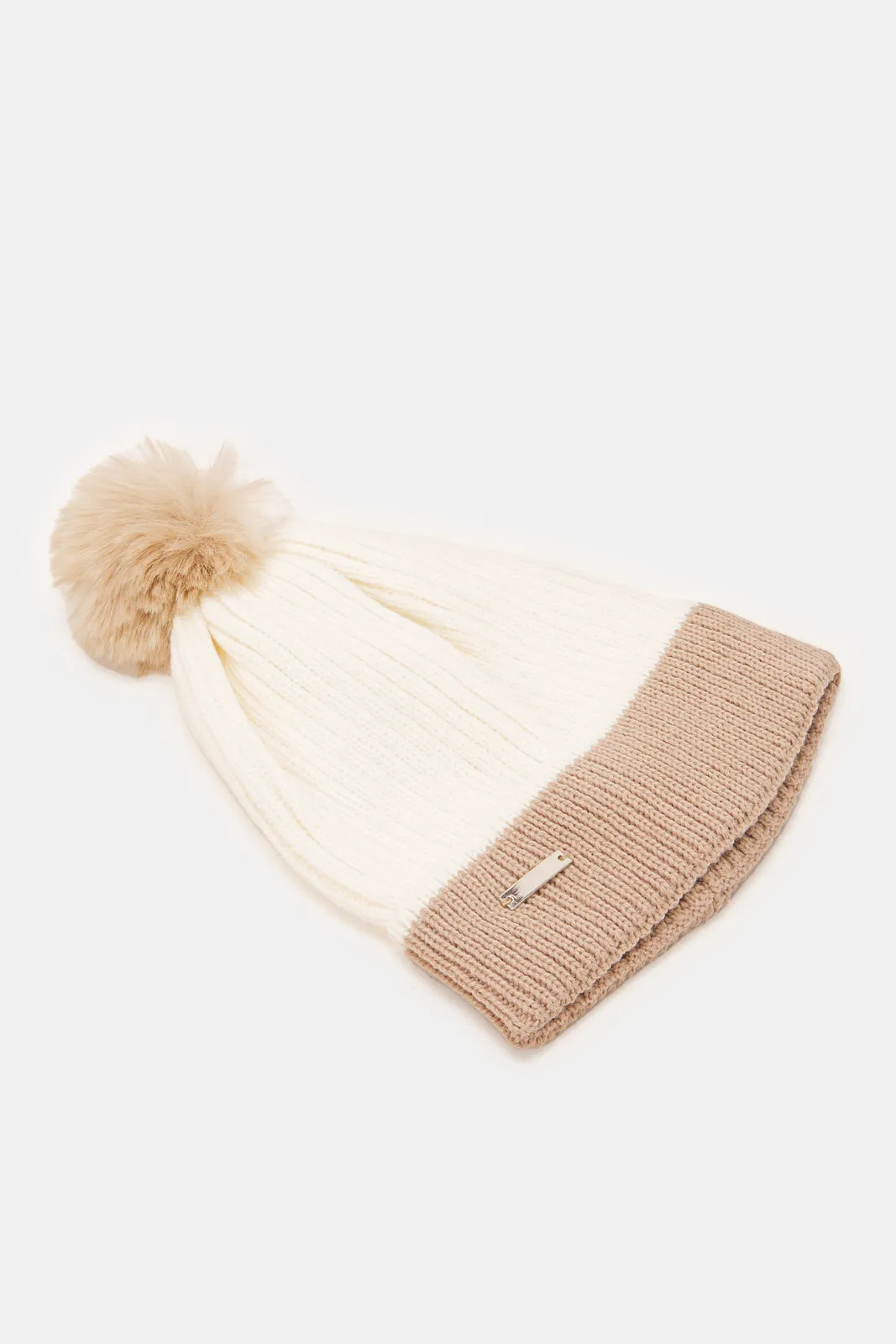 Women White And Beige Knitted Cap Set (Pack of 2)