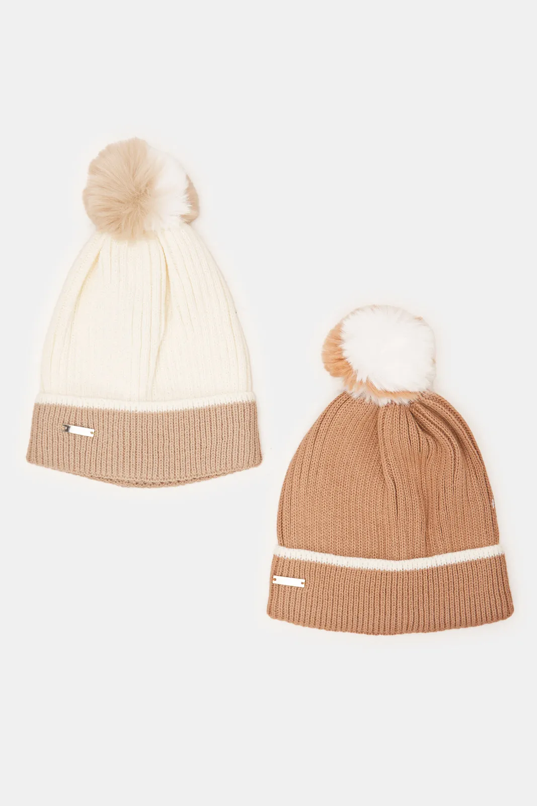 Women White And Beige Knitted Cap Set (Pack of 2)