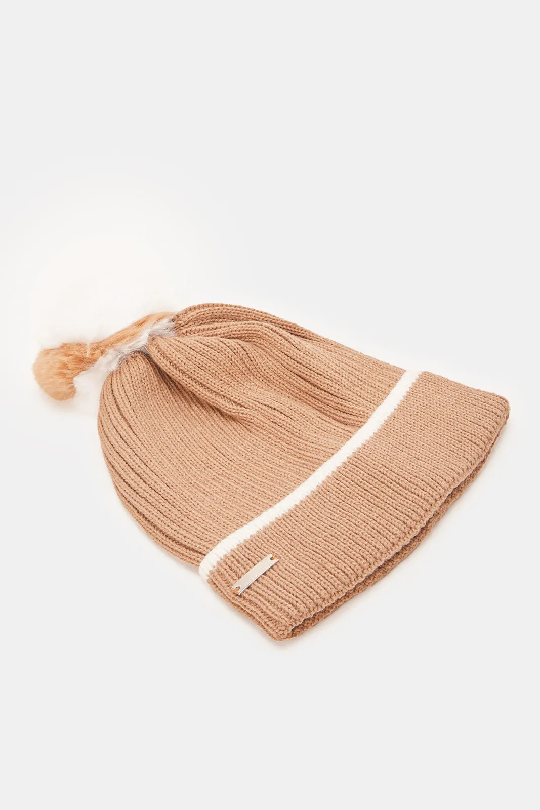 Women White And Beige Knitted Cap Set (Pack of 2)